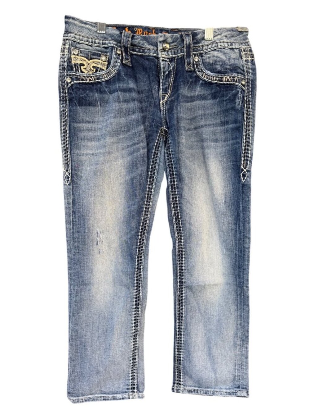 Rock Revival Ella Capri Distressed Blue Denim Jeans Embroidered Pockets Size 27